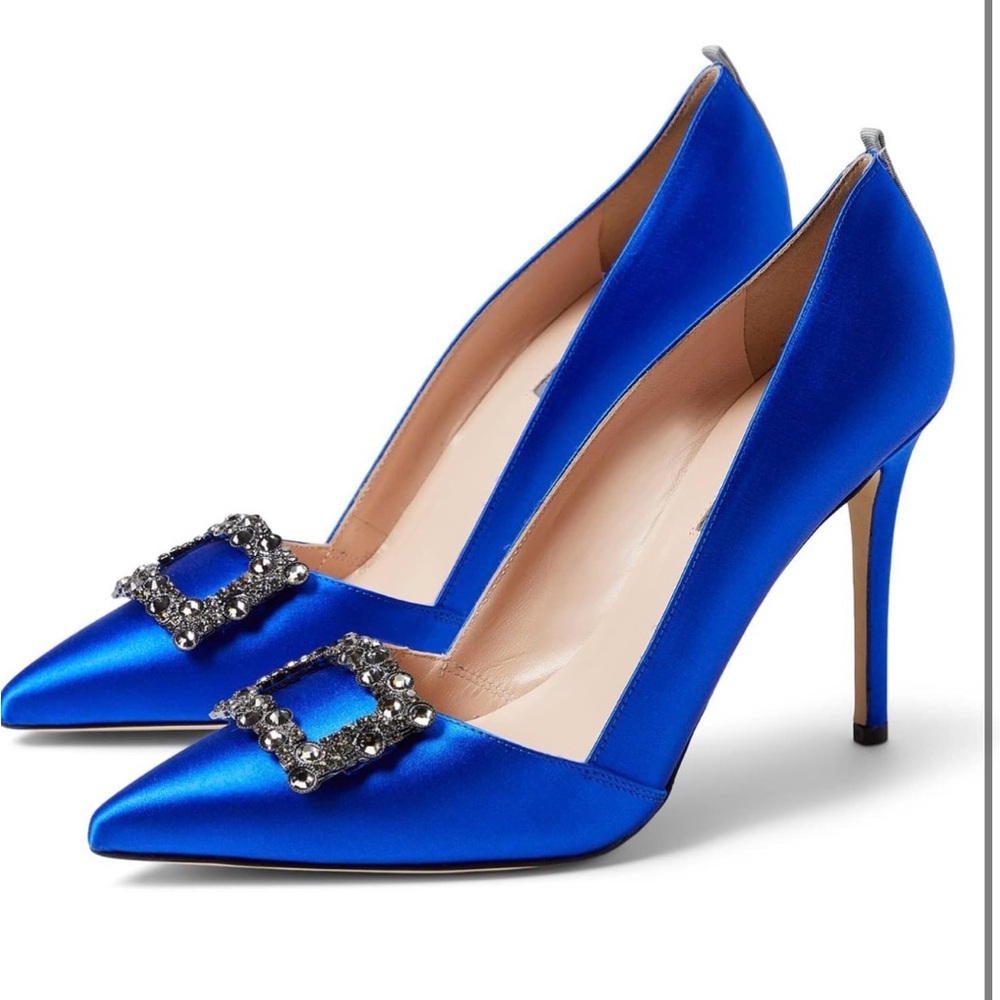 Sarah Jessica Parker Windsor Royal Blue Satin Heels with Crystal Buckle 39.5 box